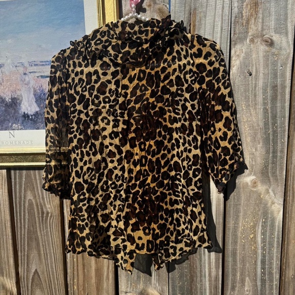 vintage sheer leopard print blouse top ruffle - Picture 2 of 7